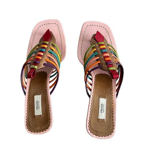 Prada Vera Cuoio Rainbow Strapped Kitten Heel Sandals - Picture 2 of 9